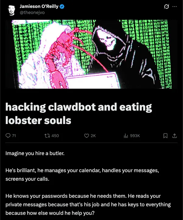 @theonejvo's article talking about OpenClaw security issues